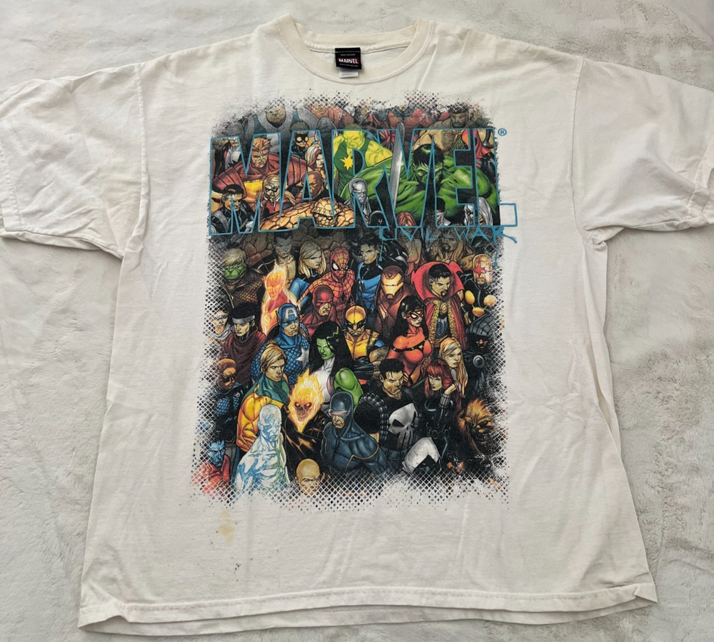 Marvel Civil War T Shirt Mens XL White Superhero Graphic Mad Engine Cotton Y2K